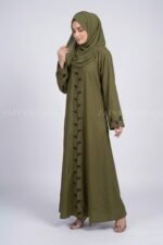 Olive Green Maxi Abaya with Embroidery on Front & Sleeve Cuffs OL-0774 - Image 3