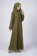 Olive Green Maxi Abaya with Embroidery on Front & Sleeve Cuffs OL-0774 - Image 4