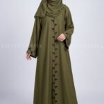 Olive Green Maxi Abaya with Embroidery on Front & Sleeve Cuffs OL-0774