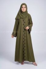 Olive Green Maxi Abaya with Embroidery on Front & Sleeve Cuffs OL-0774