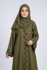 Olive Green Maxi Abaya with Embroidery on Front & Sleeve Cuffs OL-0774 - Image 2