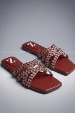 Red Multi Strap Crystal Flat Slippers Z 121