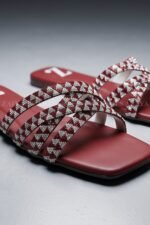 Red Multi Strap Crystal Flat Slippers Z 121 - Image 3