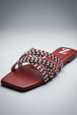 Red Multi Strap Crystal Flat Slippers Z 121 - Image 4
