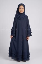 Front Open Abaya for Kida in Navy Nida Korean Fabric includes a matching scarf in chiffon