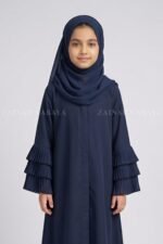 Front Open Abaya for Kida in Navy Nida Korean Fabric includes a matching scarf in chiffon