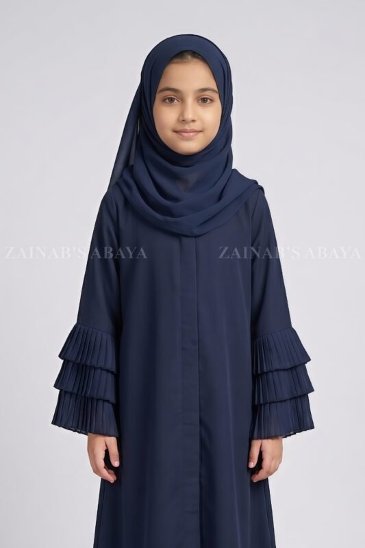 Front Open Abaya for Kida in Navy Nida Korean Fabric includes a matching scarf in chiffon