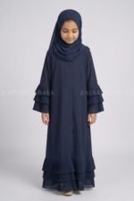 Front Open Abaya for Kida in Navy Nida Korean Fabric includes a matching scarf in chiffon