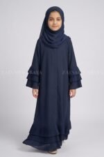 Front Open Abaya for Kida in Navy Nida Korean Fabric includes a matching scarf in chiffon