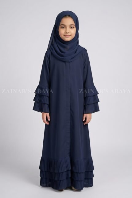 Front Open Abaya for Kida in Navy Nida Korean Fabric includes a matching scarf in chiffon