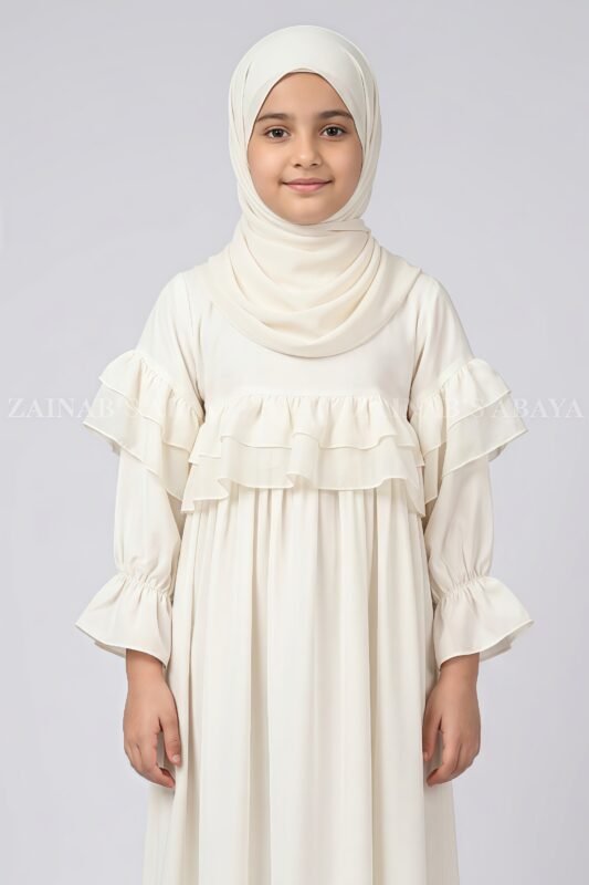 Kids Maxi Abaya in White Color with a matching scarf
