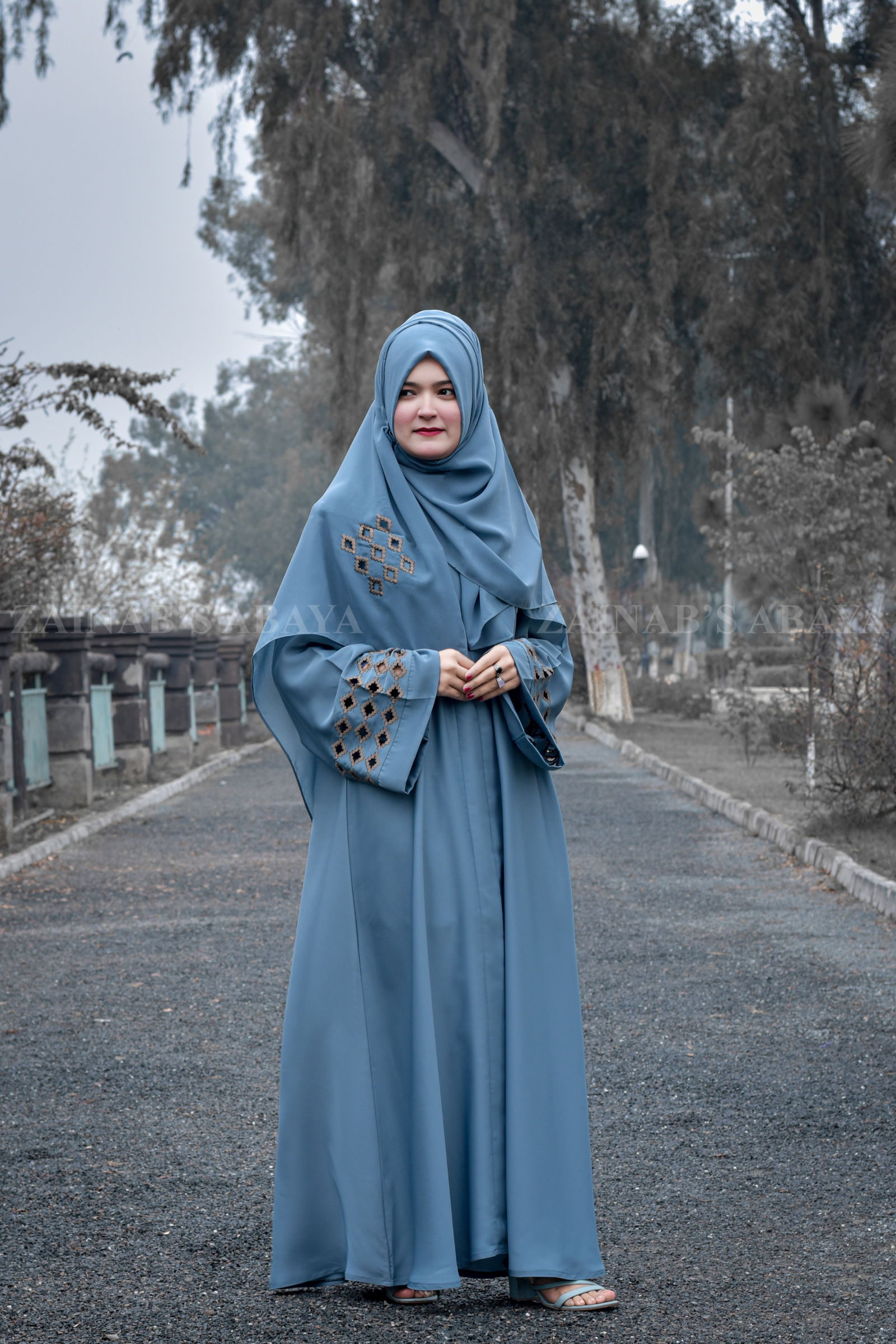 Front Open Gown Abaya - Zainab Designer Abaya Jade Front Open Gown Abaya with a matching scarf