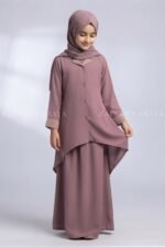 Kids Co-Ord Set Abaya in Coat Style Collar with a matching scarf in chiffon fabric.