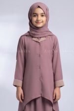 Kids Co-Ord Set Abaya in Coat Style Collar with a matching scarf in chiffon fabric.