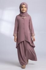 Kids Co-Ord Set Abaya in Coat Style Collar with a matching scarf in chiffon fabric.