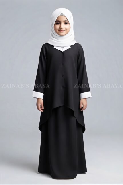 Kids Coat Style Collar Co-Ord Set abaya with a matching scarf
