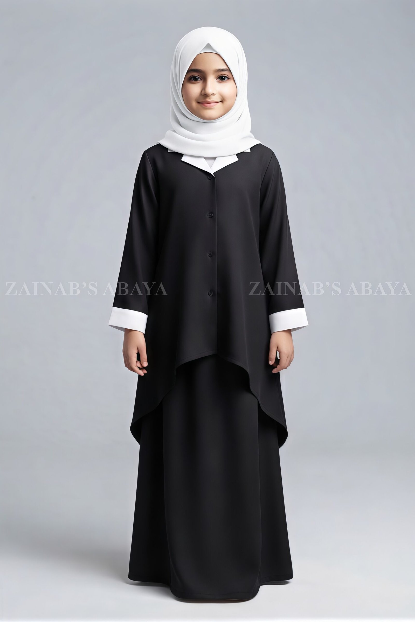 Co-Ord Set Abaya - Zainab Designer Abaya Kids Coat Style Collar Co-Ord Set abaya with a matching scarf