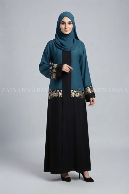 Dual Color Embroidered Front Open Abaya with a matching scarf