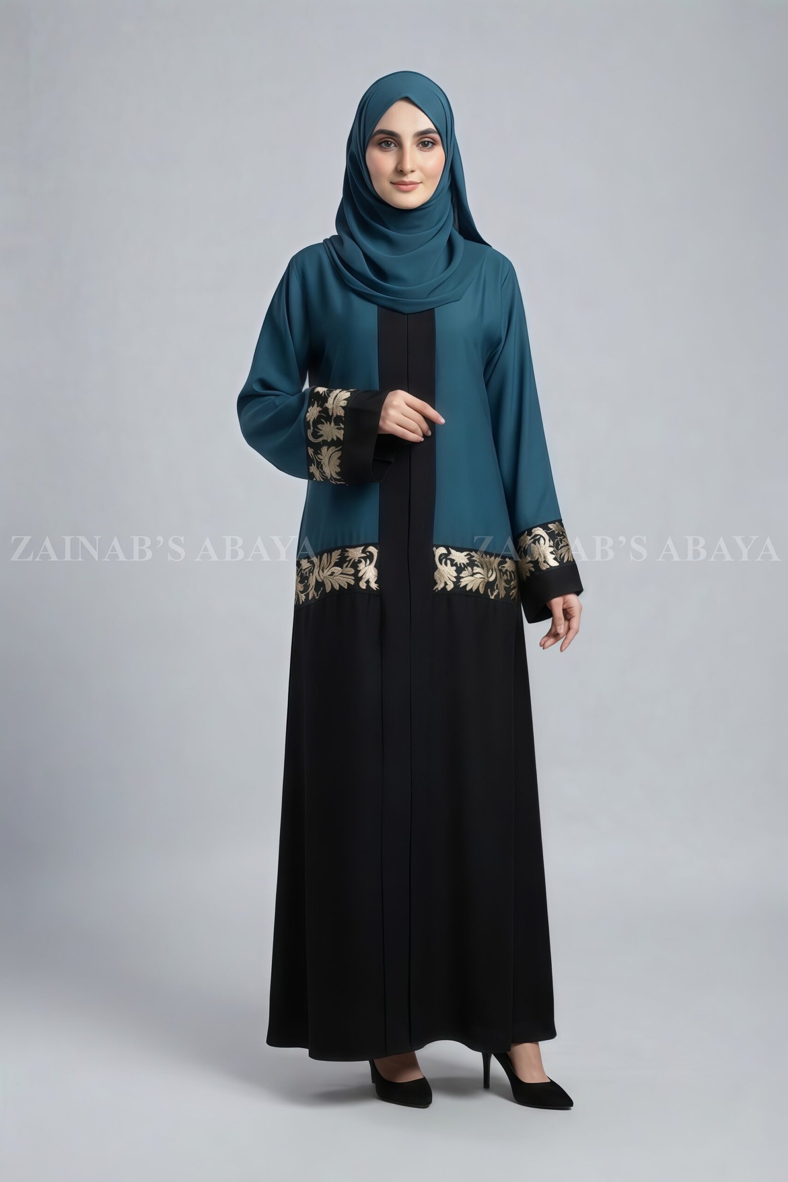 Front Open Abaya - Zainab Designer Abaya Dual Color Embroidered Front Open Abaya with a matching scarf