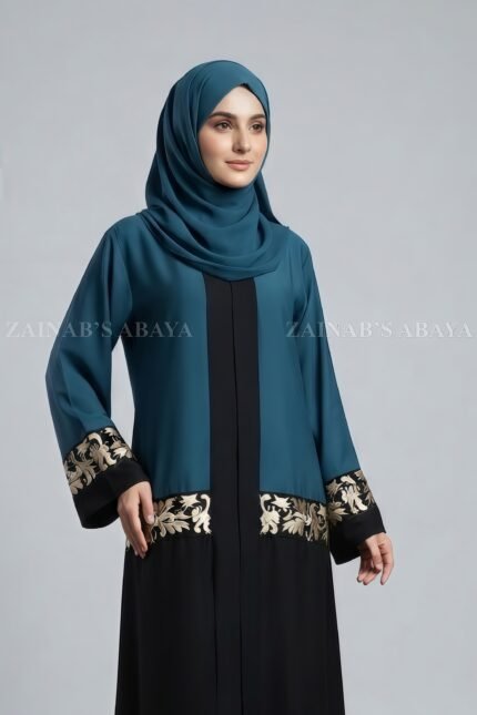 Dual Color Embroidered Front Open Abaya with a matching scarf