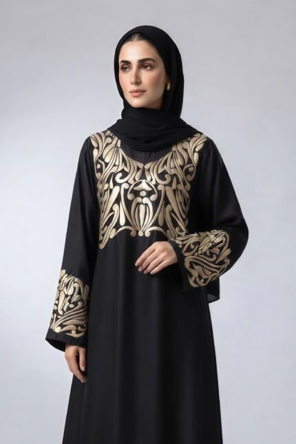 Black Embroidered Maxi Abaya with a matching scarf