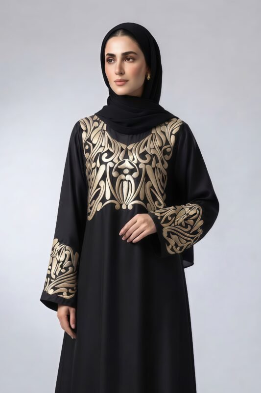 Black Embroidered Maxi Abaya with a matching scarf