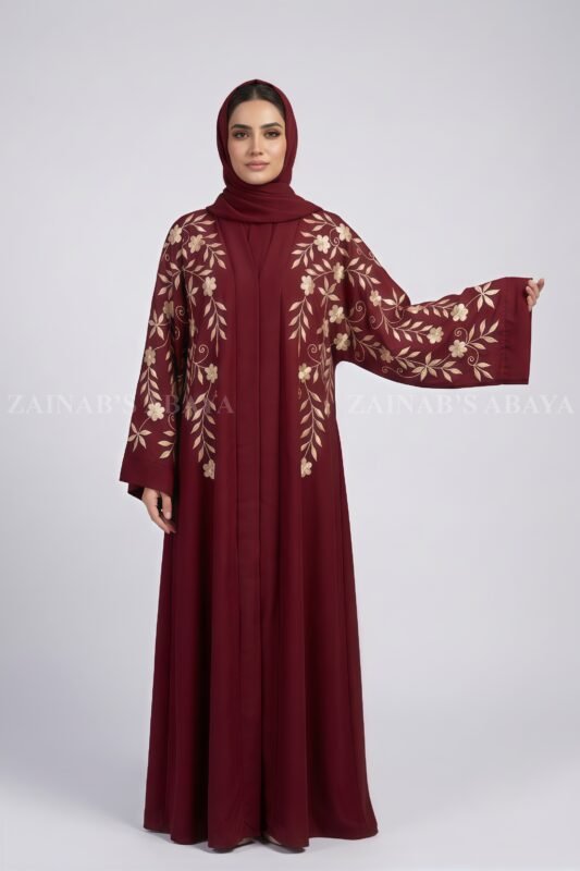 Nida Embroidered Front Open Abaya with a matching scarf