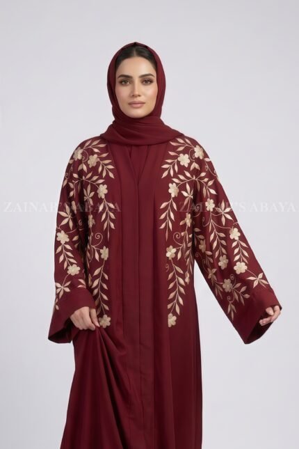 Nida Embroidered Front Open Abaya with a matching scarf