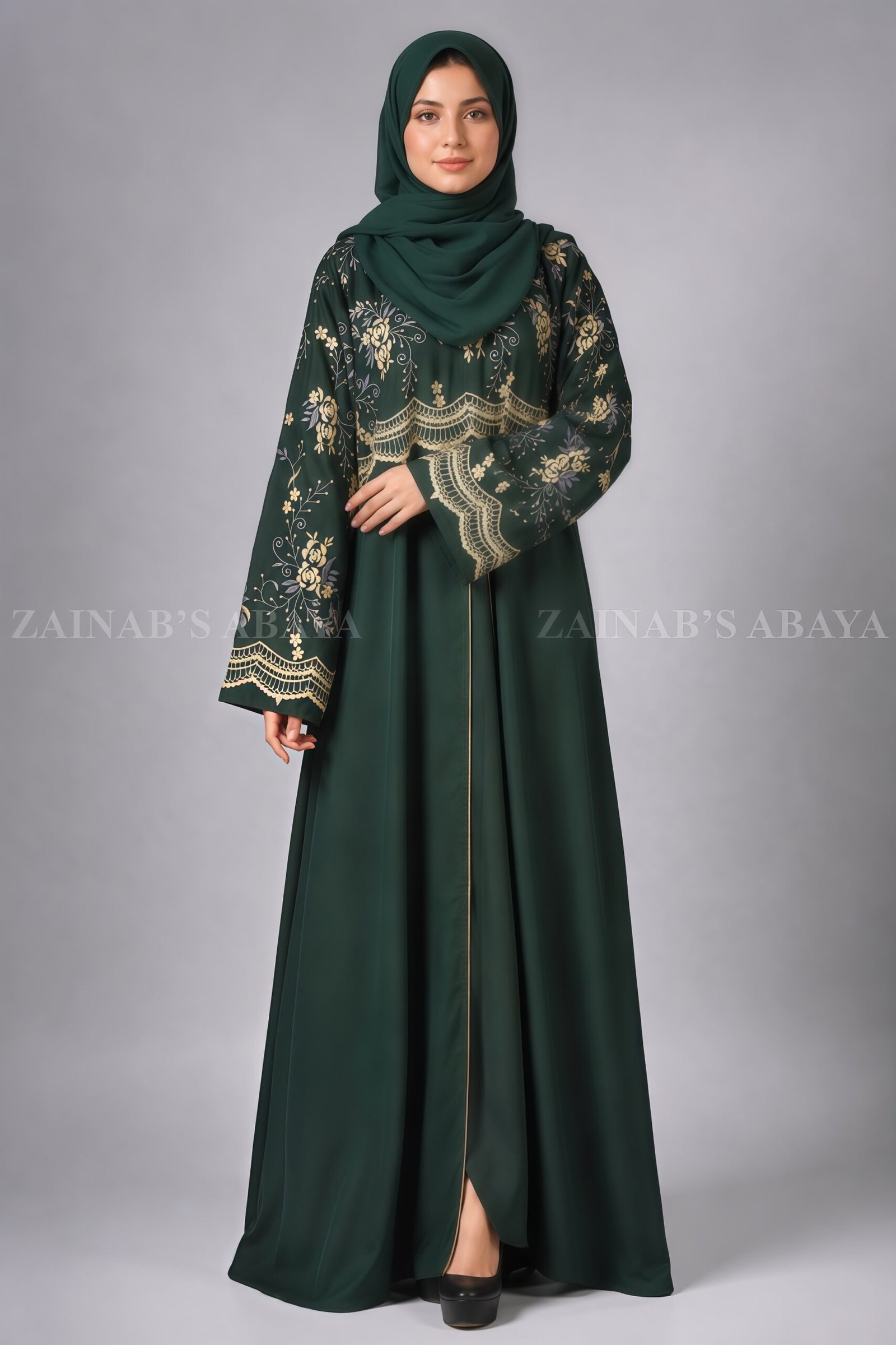 IMG_6095 Nida Embroidered Maxi Abaya with Upper Chiffon Layer OL - 826 - Image 1