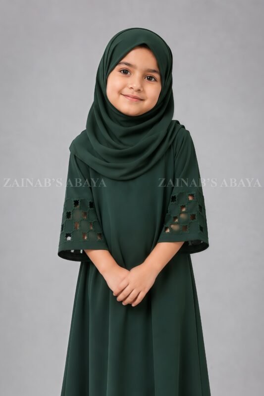 Embroidered maxi abaya for kids with a matching scarf