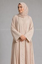 Pleated Style Front Open Abaya for women with a matching scarf.