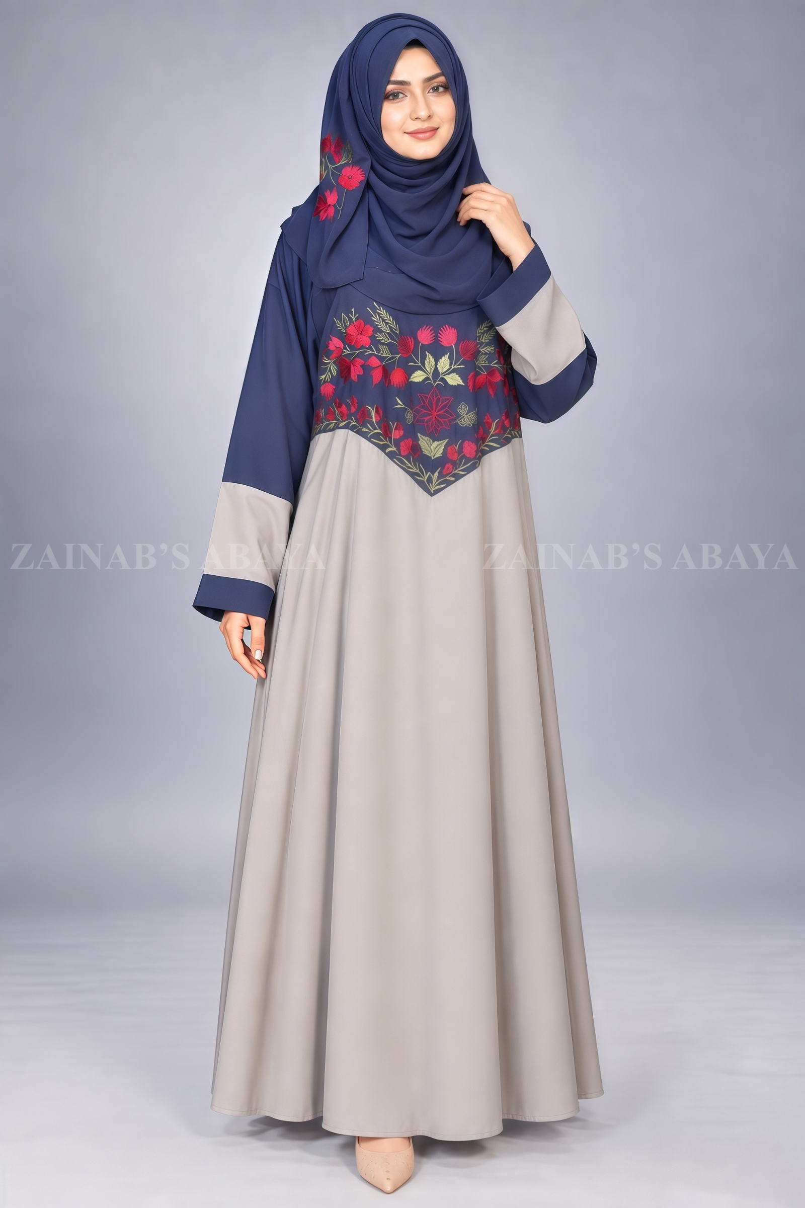 4 Navy & Grey Maxi Abaya with Floral Embroidery OL-1104 - Image 1