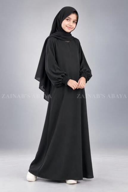 Black Maxi Abaya for Kids with Elastic Sleeves OL-935