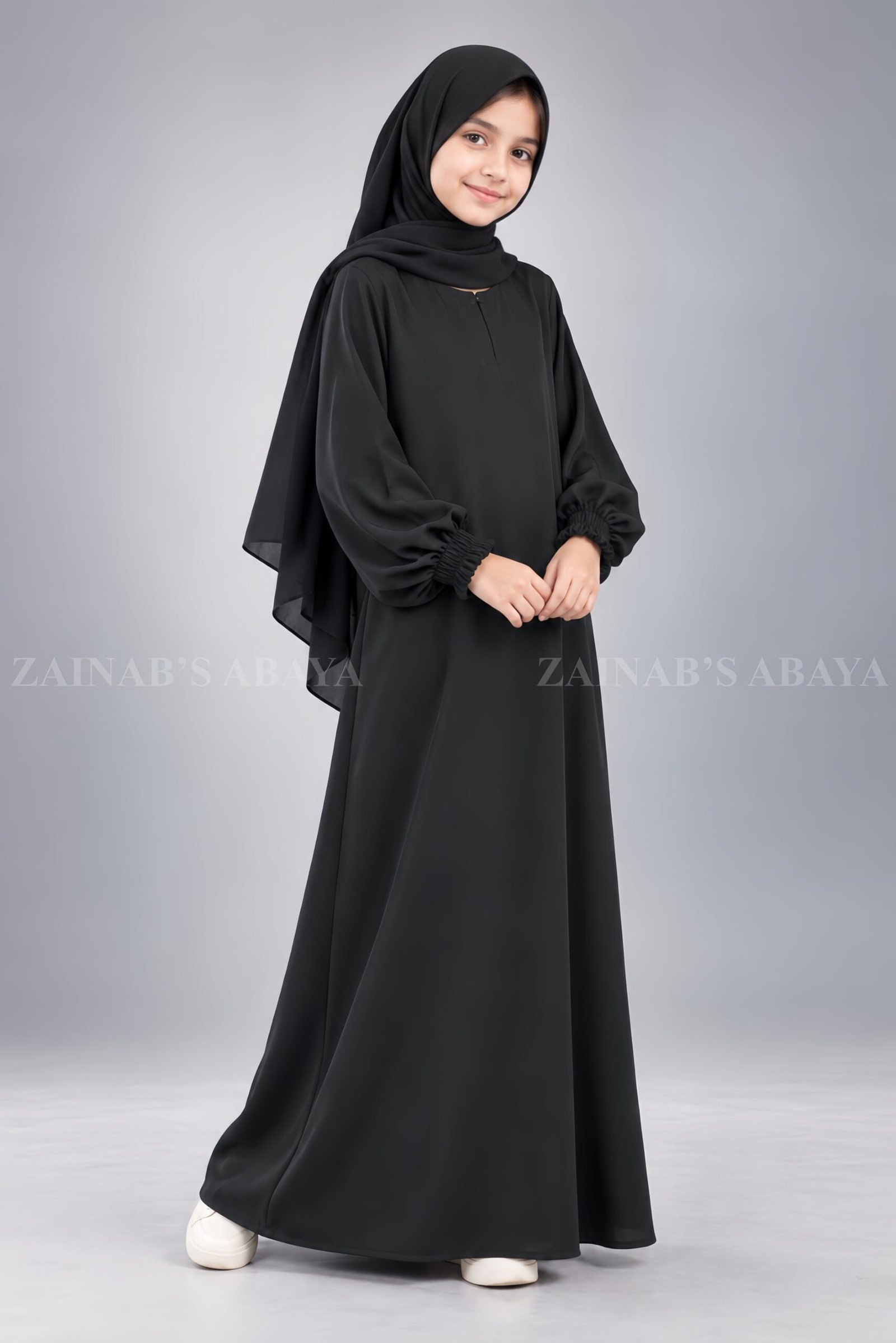 IMG_5454 Black Maxi Abaya for Kids with Elastic Sleeves OL-935 - Image 1