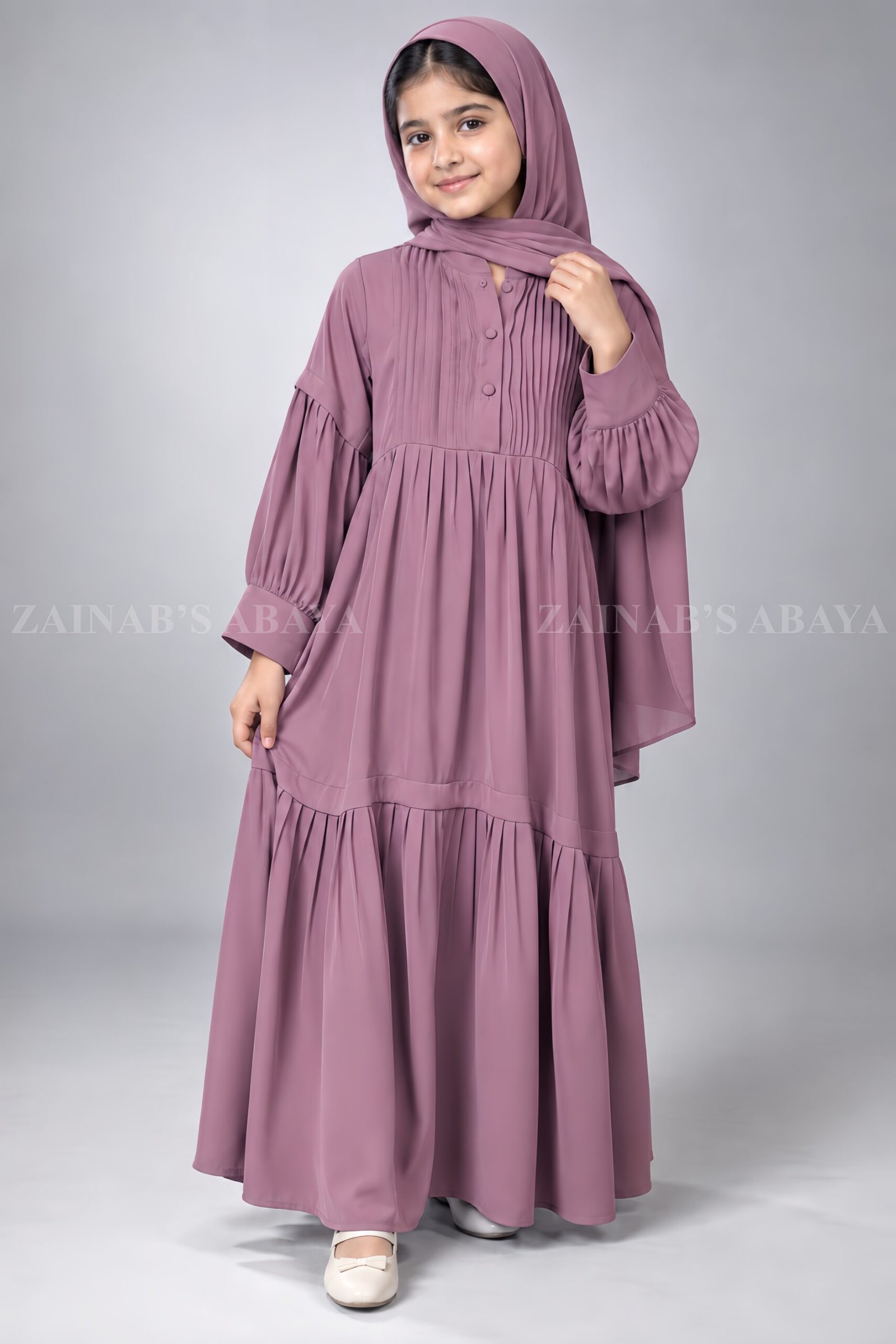 IMG_5466 Colored Pleated Maxi Abaya for Kids J 121 - Image 1