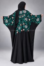 Black Caftan Abaya in Front Open Style with Floral Embroidery includes a matching scarf