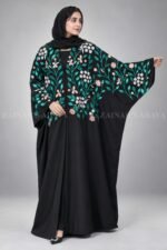 Black Caftan Abaya in Front Open Style with Floral Embroidery includes a matching scarf