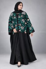 Black Caftan Abaya in Front Open Style with Floral Embroidery includes a matching scarf