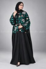 Black Caftan Abaya in Front Open Style with Floral Embroidery includes a matching scarf