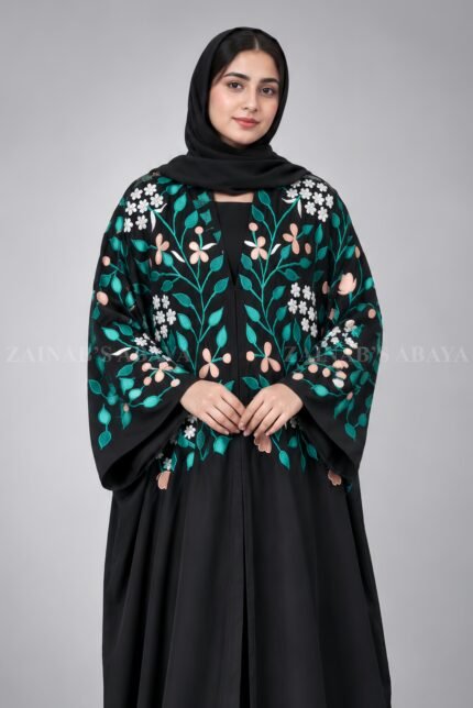 Black Caftan Abaya in Front Open Style with Floral Embroidery includes a matching scarf