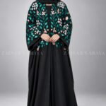 Black Caftan Abaya in Front Open Style with Floral Embroidery includes a matching scarf