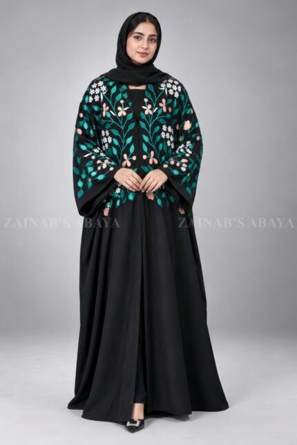 Black Caftan Abaya in Front Open Style with Floral Embroidery includes a matching scarf