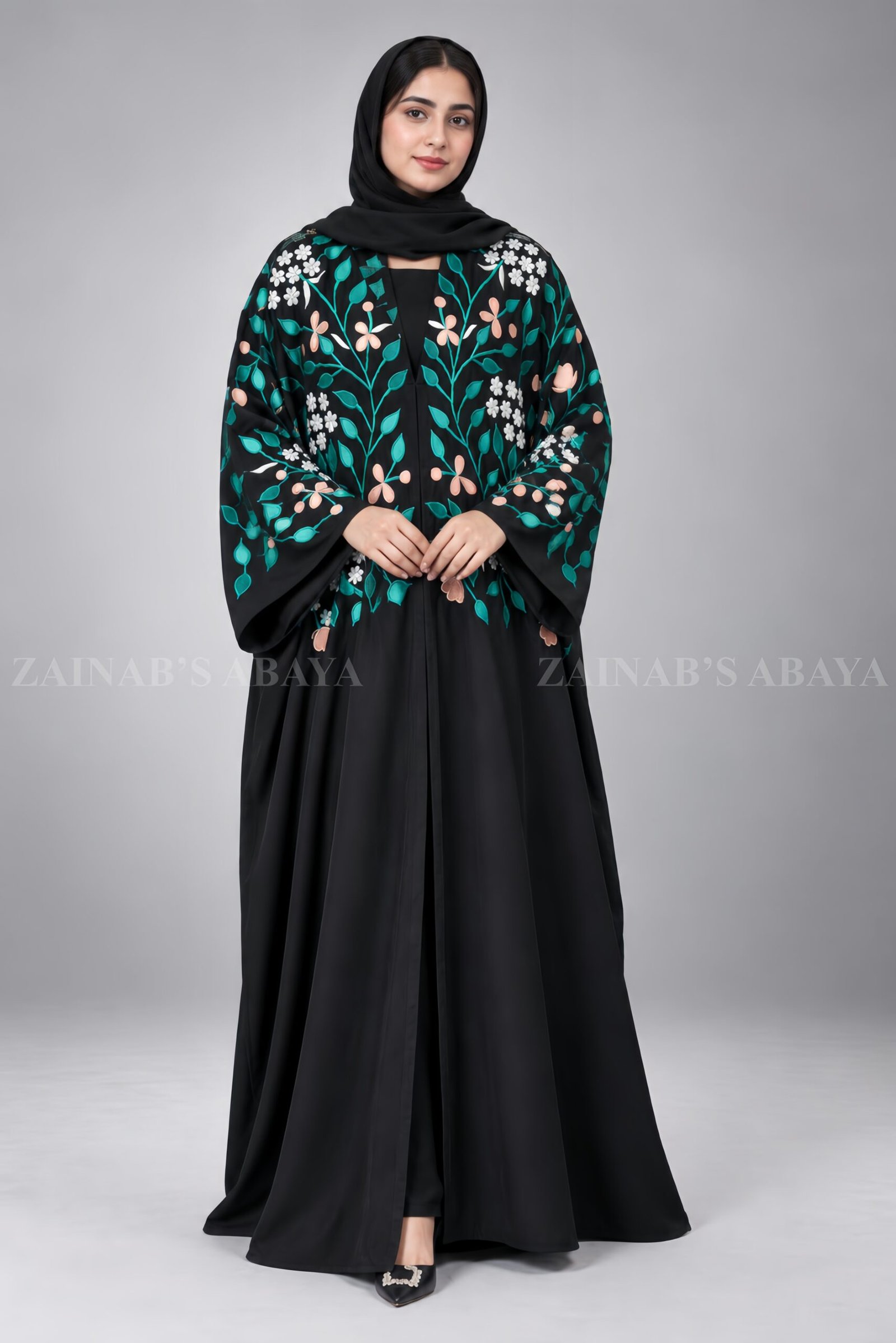 Caftan Abaya - Zainab Designer Abaya Black Caftan Abaya in Front Open Style with Floral Embroidery includes a matching scarf