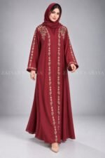 Nida front open gown abaya with intricate embroidery on the front, back, and sleeves, offering a stylish and modest design.