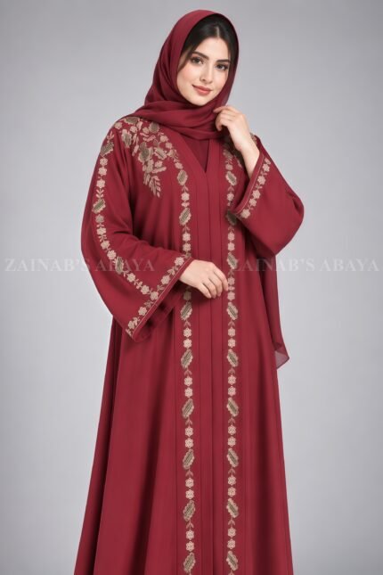 Nida front open gown abaya with intricate embroidery on the front, back, and sleeves, offering a stylish and modest design.