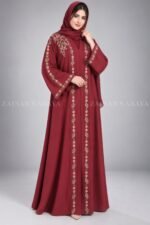 Nida front open gown abaya with intricate embroidery on the front, back, and sleeves, offering a stylish and modest design.
