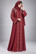 Nida front open gown abaya with intricate embroidery on the front, back, and sleeves, offering a stylish and modest design.