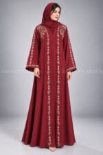 Nida front open gown abaya with intricate embroidery on the front, back, and sleeves, offering a stylish and modest design.