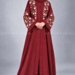 Embroidered Front Open Abaya in Red Color with a matching scarf