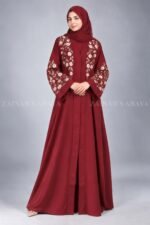 Embroidered Front Open Abaya in Red Color with a matching scarf